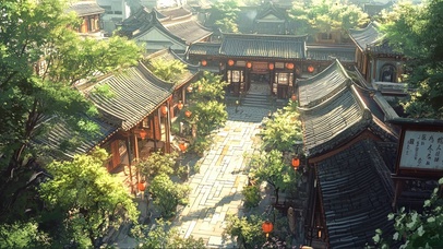 绿色夏日古风建筑庭院