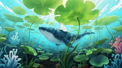 梦幻水下荷叶鲸鱼遨游
