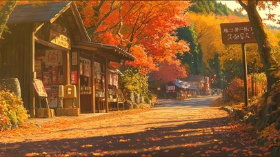 秋日山下夕阳静谧商店