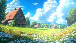 蓝天阳光鲜花草原木屋