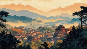 古风国画淡雅山林建筑