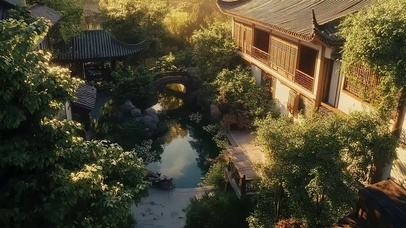 绿色夏日静谧黄昏庭院