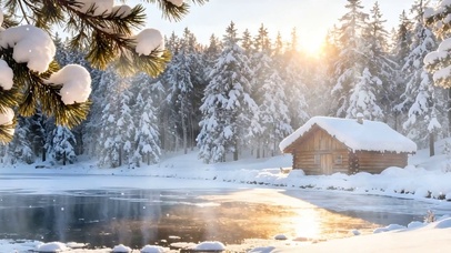 雪景树木房屋双屏
