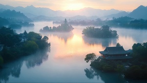 俯瞰日出晨雾湖泊群岛