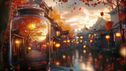 秋日唯美落叶水乡街景