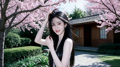 古典小屋小径处的妩媚长发美女