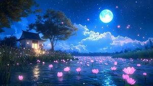 夜景树木房屋