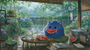 在凉亭下躲雨吃西瓜