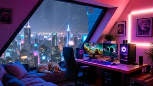 雨夜城市霓虹电脑房间