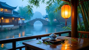 国风园林雨景