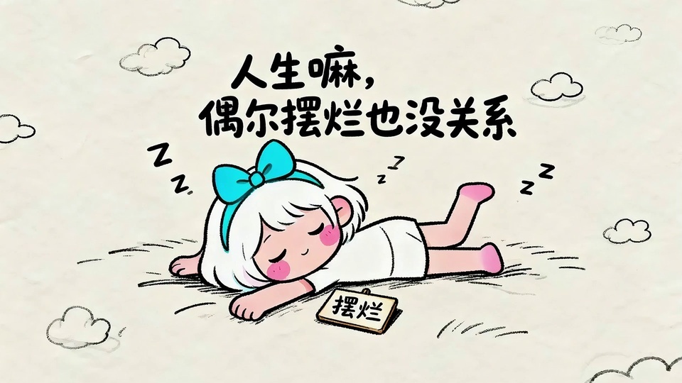 手绘风戴青蓝色蝴蝶结的白发卡通女孩，趴地熟睡旁侧摆着写有摆烂的小木牌