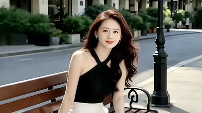 街道旁边坐在长椅上的性感美女