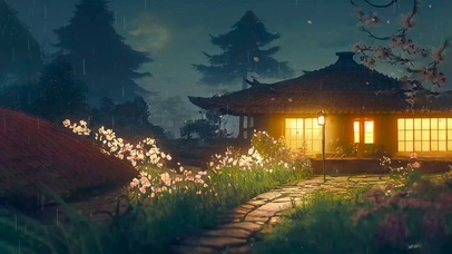 夜晚雨天小屋