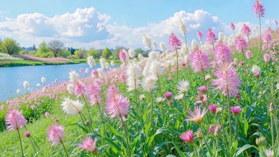 湖畔粉白花海