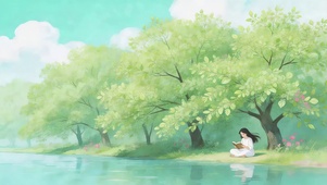 湖边看书的女孩