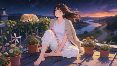 晚霞女孩与萌宠狗