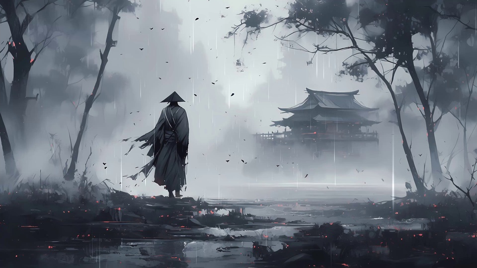 水墨风雾雨古林场景，黑衣斗笠人物伫立岸边，远处雾中隐现飞檐古建