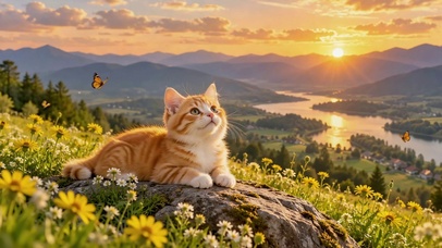 夕阳山巅花丛的软萌橘猫