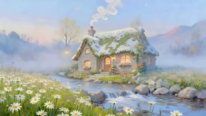 雪中草原河流小屋