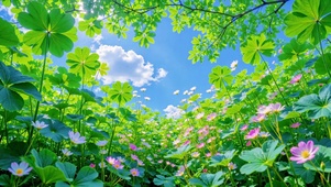 蓝天白云花丛治愈风景