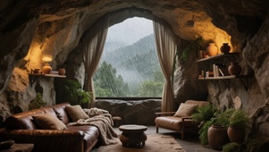 【雨景】山中的石洞客厅