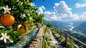 晴空山间橙园河畔治愈风景