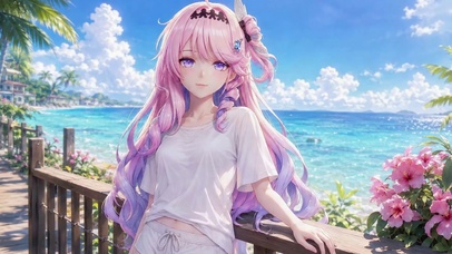 夏日海边粉发二次元少女