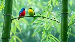 雨天竹林两只小鸟带鱼屏