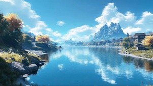 晴天白云古城河道建筑