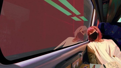 高铁上听音乐少女