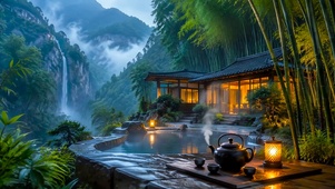 山水瀑布竹林木屋