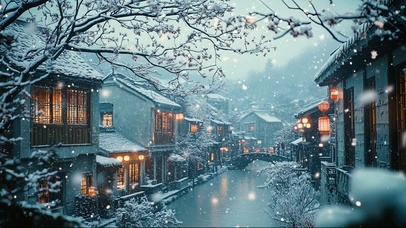 冬日水乡河岸建筑飘雪