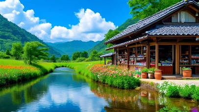 清新护眼山水花草小屋