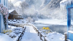 花店树木雪景双屏