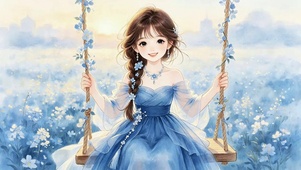 花海秋千蓝裙少女