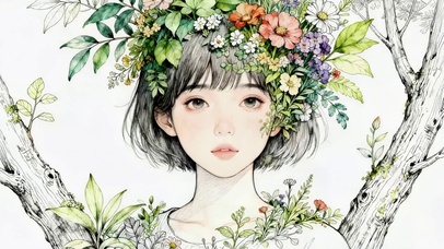 简化笔鲜花女孩