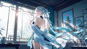 古风少女-蓝发-中式窗格茶室