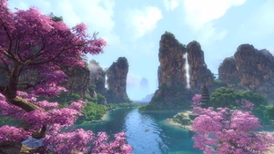 桃花纷飞山水间