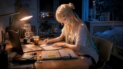 夜灯下学习的二次元美少女