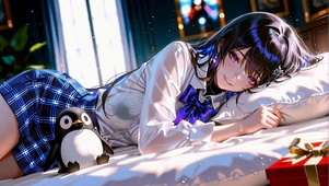 慵懒卧床二次元紫眸美少女