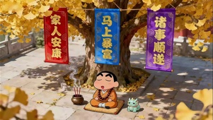 金秋寺庙~银杏树下打坐的小新~