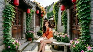 古巷石凳上惬意赏花的美女