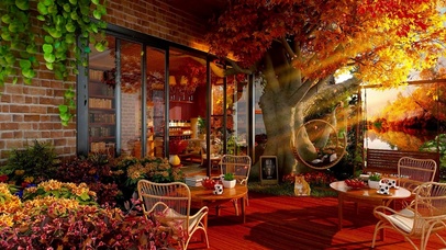 秋日湖边惬意咖啡屋