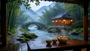 国风山水竹林雨景