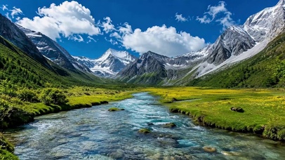 晴空雪山溪流自然风光