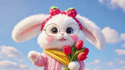 手捧郁金香的可爱兔兔