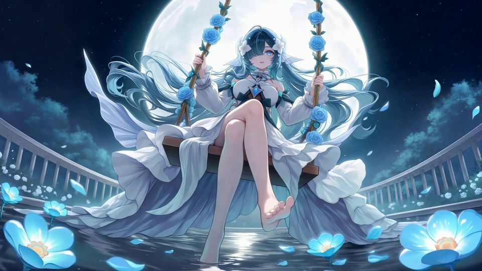 蓝发少女坐装饰蓝玫瑰的秋千，身后是巨大满月，水面散落发光蓝花。