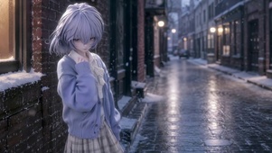 雪天街道紫发少女