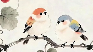 葡萄树 上两只小鸟带鱼屏
