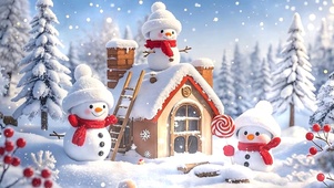 雪景房屋可爱小雪人